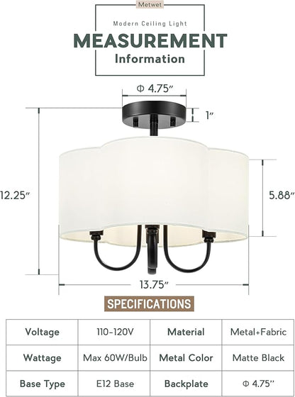 4-Light Semi Flush Mount Ceiling Light, 13.5" Vintage Light Fixtures Ceiling Mount with Fabric Shade in Quatrefoil for Kitchen Entryway Hallway Bedroom, Matte Black, SM179-MB