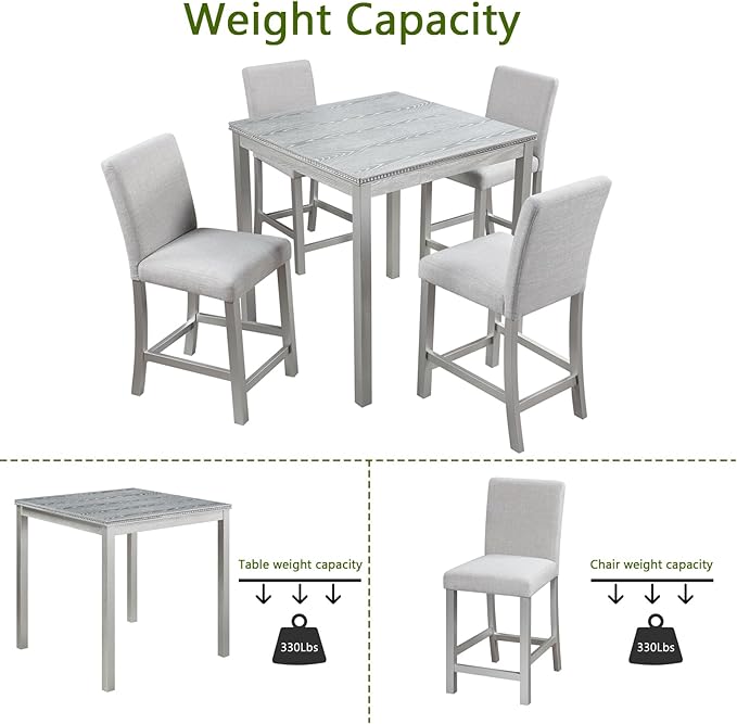 5 Piece Counter Height Dining Table Set for 4, Elegant Wooden Kitchen Table and 4 Upholstered Chairs with Crystal Decoration, Square Dining Table Set for Kitchen and Dining Room, Silver Grey