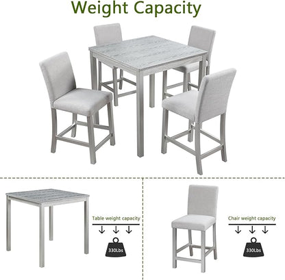 5 Piece Counter Height Dining Table Set for 4, Elegant Wooden Kitchen Table and 4 Upholstered Chairs with Crystal Decoration, Square Dining Table Set for Kitchen and Dining Room, Silver Grey