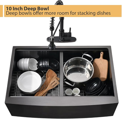 33 Inch Black Double Bowl Farmhouse Sink Workstation, 16 Gauge Stainless Steel 50/50 Double Bowl Kitchen Sink, 33x22 Farmhouse Apron Front Low Divided Farm Sink