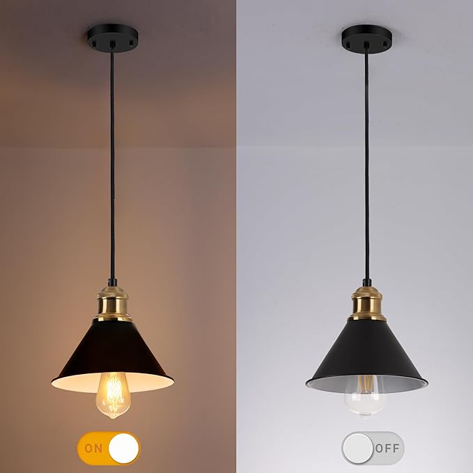 Modern Pendant Light for Kitchen Island, 9.06" Matte Black with Leather Strap Accents, Industrial Hanging Ceiling Lamp with Gold Finish, Adjustable Height for Dining Room Bar Sink, E26 Base