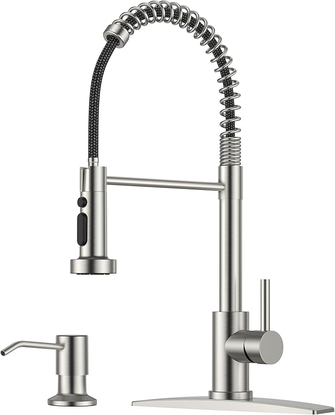 FORIOUS Kitchen Faucet with Soap Dispenser, Stainless Steel Kitchen Sink Faucet with Pull Down Sprayer Burhsed Nickel Single Handle Modern Spring Commercial for Laundry Room RV Camp Bar Farmhouse