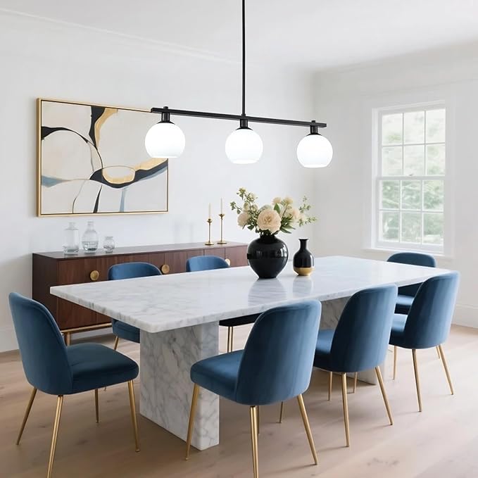 Kitchen Island Lighting 3 Lights Linear Pendant Light Fixtures With Milk Glass Shades Black Farmhouse Chandeliers for Dining Room Chandelier Over Table Mid Century Modern Hanging Light Fixture for Bar