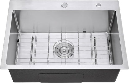 27x18 Inch Drop in Kitchen Sink, 18 Gauge Stainless Steel Handmade Single Bowl Kitchen Sink 9'' Deep Basin Bowl with Grid, Brushed