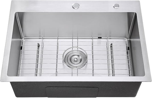 27x18 Inch Drop in Kitchen Sink, 18 Gauge Stainless Steel Handmade Single Bowl Kitchen Sink 9'' Deep Basin Bowl with Grid, Brushed