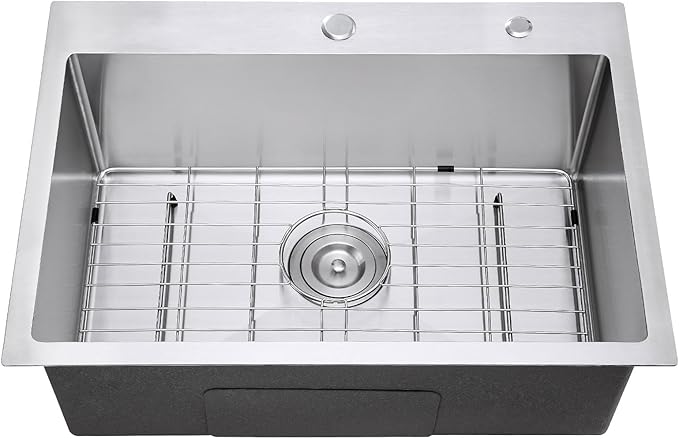 Brushed 25 Inch Drop in Kitchen Sink, 18 Gauge Stainless Steel Single Bowl Kitchen Sink with 2 Faucet Holes, 9'' Deep Basin Bowl with Grid, D25" x W18" x H9"