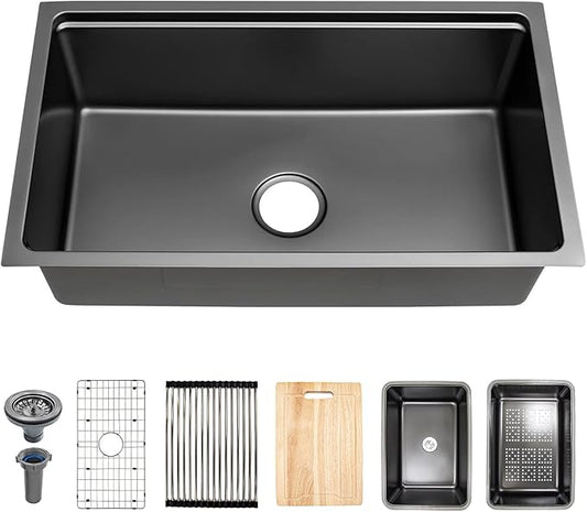 Black Kitchen Sink, 32 Inch Stainless Steel 32''×18'' ×9'' Undermount Single Bowl Workstation Black Kitchen Sink with Accessories