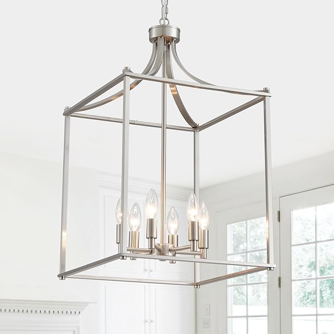 XINGQI 15.7" Brushed Nickel Chandeliers for Dining Room Modern Farmhouse Geometric 6-Light Hanging Lantern Pendant Lighting Fixture for Foyer Kitchen Island Dinning Room Living Room