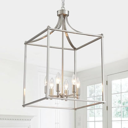 XINGQI 15.7" Brushed Nickel Chandeliers for Dining Room Modern Farmhouse Geometric 6-Light Hanging Lantern Pendant Lighting Fixture for Foyer Kitchen Island Dinning Room Living Room