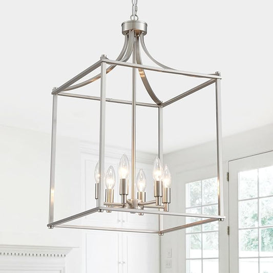 XINGQI 15.7" Brushed Nickel Chandeliers for Dining Room Modern Farmhouse Geometric 6-Light Hanging Lantern Pendant Lighting Fixture for Foyer Kitchen Island Dinning Room Living Room