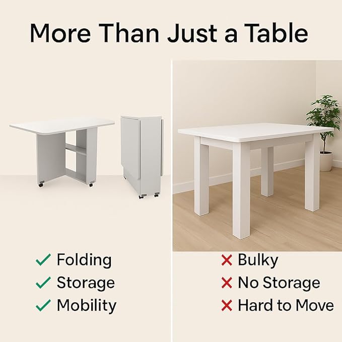 Folding Drop Leaf Dining Table with Wheels – Space-Saving Kitchen Table with 2-Layer Storage, Multi-Functional Table for Dining, Office, or Kitchen Island