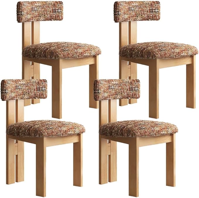 Dining Chairs Set of 4, Mid-Century Modern Upholstered Kitchen Chair with Curved Backrest and Chenille Seat, Natural Wood Leg, French Vintage Dinner Chairs for Dinning Room, Living Room, Orange
