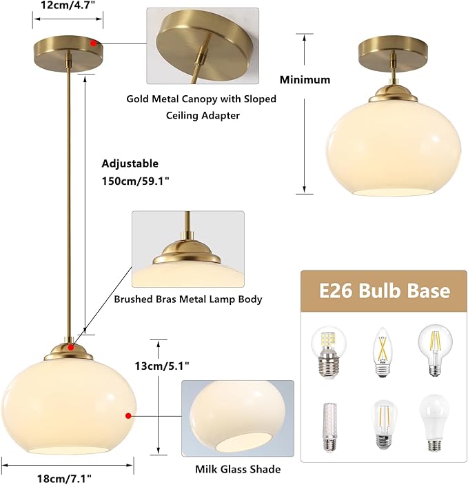 KCO Lighting 1-Light Globe Pendant Light Mid Century Modern Pendant Lighting White Glass Hanging Light Fixture Brushed Brass Chandelier Adjustable Light for Dining Room Living Room Bedroom Kitchen