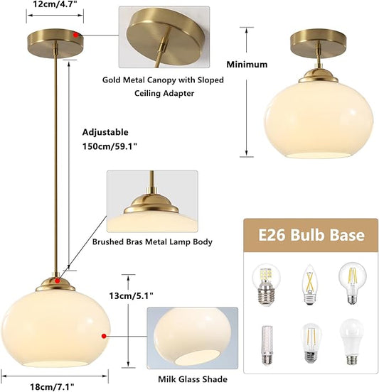 KCO Lighting 1-Light Globe Pendant Light Mid Century Modern Pendant Lighting White Glass Hanging Light Fixture Brushed Brass Chandelier Adjustable Light for Dining Room Living Room Bedroom Kitchen