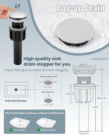 Bathroom Faucet-2 Sets, Brushed Bathroom Sink Faucets with Pop-up Drain and 6 Inch Deck Plate, Single Handle Modern Farmhouse RV Vanity Faucet for Vessel Sink (1~3 Holes)
