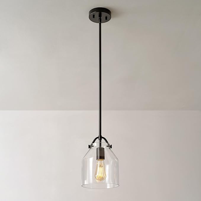 Globe Electric 67000097 1-Light Pendant Light Fixture, Matte Black, Clear Glass Shade, Adjustable Hanging Height Rods, Kitchen Island Lighting, Modern Farmhouse, Dimmer Switch Compatible