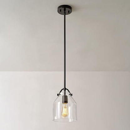 Globe Electric 67000097 1-Light Pendant Light Fixture, Matte Black, Clear Glass Shade, Adjustable Hanging Height Rods, Kitchen Island Lighting, Modern Farmhouse, Dimmer Switch Compatible