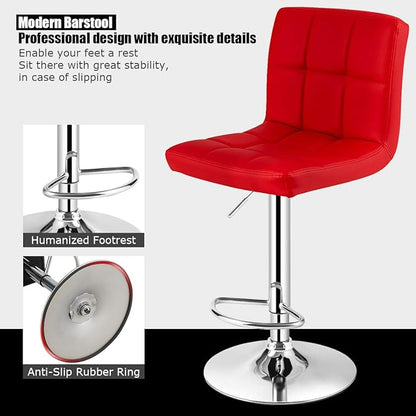 COSTWAY Adjustable Bar Stools Set of 2, Modern Swivel PU Leather Bar Chair with Backrest, Soft Cushioned Seat, Footrest, Sturdy Metal Frame, Comfortable Barstools for Kitchen Island, Pub, Red