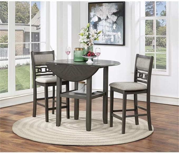 New Classic Furniture Gia 3-Piece Drop Leaf Counter Table Set with 2 Chairs, 42-Inch, Gray