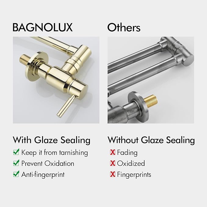 BAGNOLUX Pot Filler, Wall Mount Commercial Pot Filler Faucet Over Stove, Copper Material Brass Kitchen Faucet Folding with Stretchable Double Joint Swing Arm 23.4 inch, Polished Gold-PVD