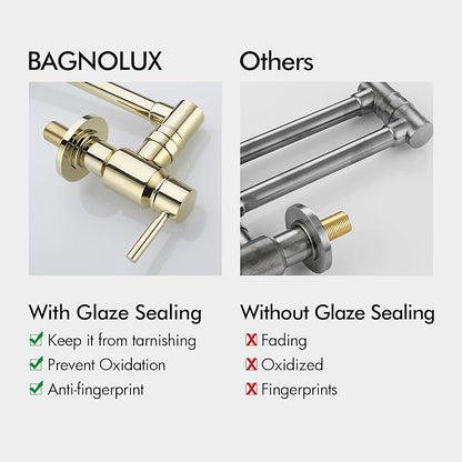 BAGNOLUX Pot Filler, Wall Mount Commercial Pot Filler Faucet Over Stove, Copper Material Brass Kitchen Faucet Folding with Stretchable Double Joint Swing Arm 23.4 inch, Polished Gold-PVD