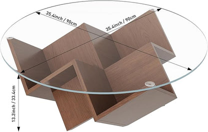 Harper & Bright Designs The Round Coffee Table with Glass Top and Geometric Abstract Art Deco Base Storage Shelves, Walnut, 35.4"