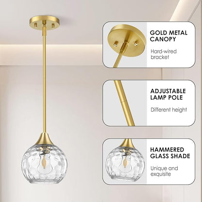 Pendant Lights Kitchen Island 3 Pack,Pendant Light Fixtures with Hammered Glass Shade,Adjustable-Height Island Lights for Kitchen with Detachable Rod,E26 Base Kitchen Pendant Lighting Over Island/Bar