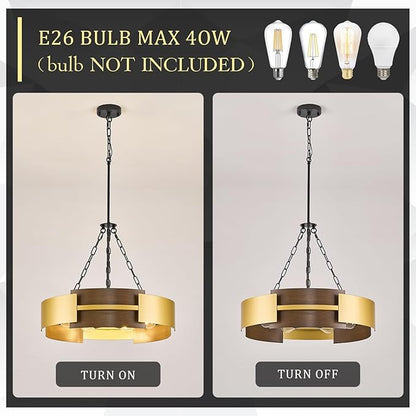 CATINER Modern Industrial Chandelier, Gold Metal 6-Light Drum Hanging Fixture 24" Pendant Lighting for Living Dining Room Foyer Entryway Kitchen, Walnut Grain Finish