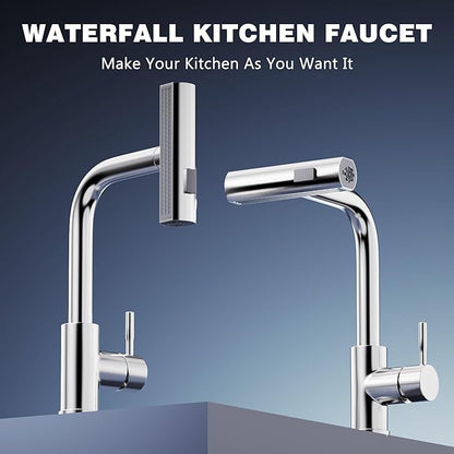 GIMILI Kitchen Faucet with Pull Down Sprayer Brushed Nickel Waterfall Modern Kitchen Sink Faucet