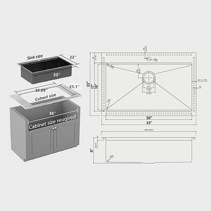 Kitsitchen Black Drop In Kitchen Sink 33x22, 16 Gauge T-304S Stainless Steel Top-Mount Workstaion Sink, 33" x 22" x " Large and Deep Single Bowl Kitchen Sinks with Practical Accessories