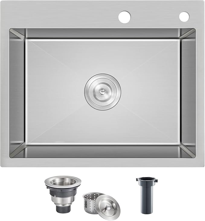 ROVATE 24 × 18 Inch Drop-in Topmount Kitchen Sink Single Bowl, 304 Stainless Steel Handmade Overmount Kitchen Sink with Basket Strainer, 24 x 18 x 9 inch