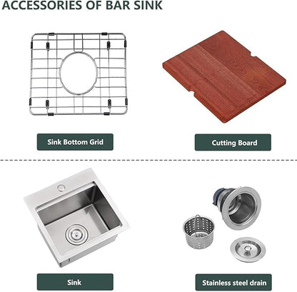IKEBANA 15x15 Inch Bar Sink Drop in, Brushed Nickel Topmount Small Kitchen Sink, Single Bowl Handmade16 Guage T-304 Stainless Steel Workstation Kitchen Sinks, Outdoor RV Prep Wet Bar Sinks