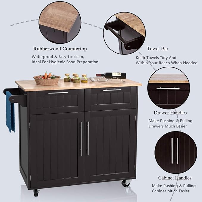 Giantex Kitchen Island Cart, Rolling Island Table with Rubber Wood Tabletop, 2 Drawers, Storage Cabinet & Towel Rack, Bar Kitchen Cart On Wheels for Dining Room (Brown)
