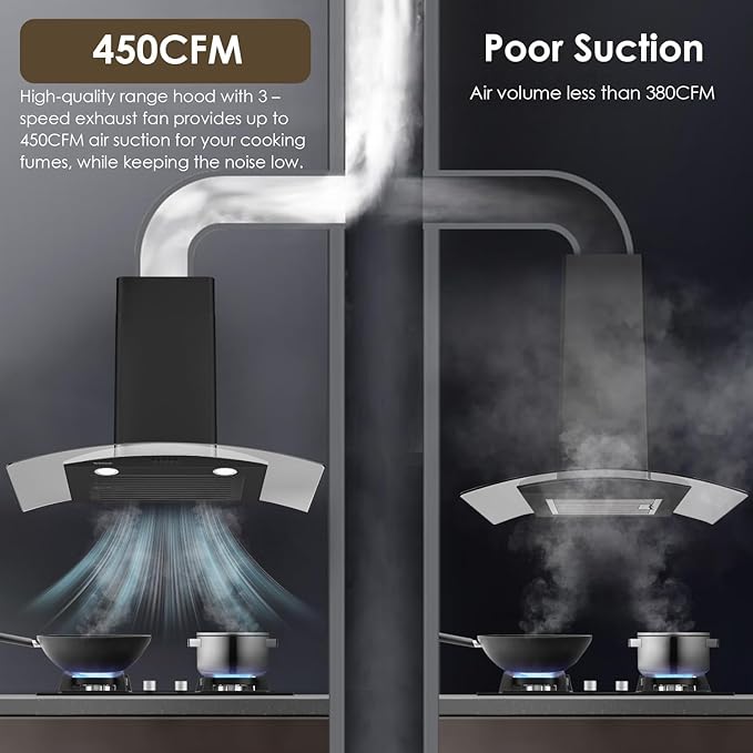 30 Inch Black Range Hood Wall Mounted Curved Glass Range Hoods with 450 CFM, Stainless Steel kitchen Ductless/Ducted Convertible with 3 Speed Controls, Permanent Baffle Filters and 2 LED Lights