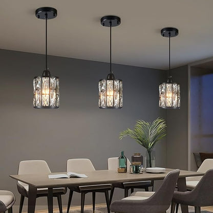 3 Pack Crystal Hanging Kitchen Island Pendant Light Black Finish Concise Fixture Crystal Plate Metal Shade for Bar Dining Room Living Room Over Sink Ceiling
