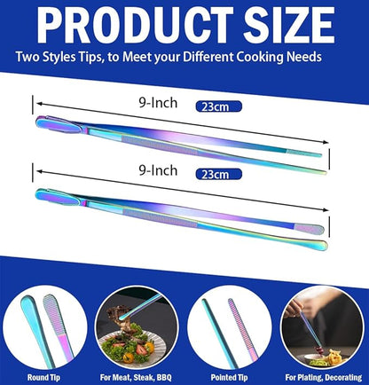 JETKONG 2 Pcs 9-Inch Culinary Tweezers Food Tweezers Kitchen Tweezer Tongs for Cooking (Rainbow)