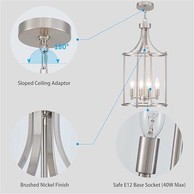 XINGQI Brushed Nickel Chandeliers for Dining Room,4 Light Hanging Lantern Pendant Light Fixture Metal Farmhouse Geometric Chandelier Cage Pendant for Kitchen Island Entryway Living Room