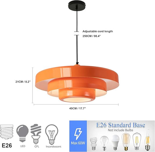 FCTWAKS Modern Large Pendant Light Fixture, 17.7 inch Vintage Orange Ceiling Hanging Lamp with 3-Layer Metal Shade, Height Adjustable, Mid Century Chandelier for Kitchen Island Lighting,Dining Room