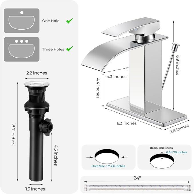 Chrome Bathroom Faucet with Lift Rod Drain, Waterfall Bathroom Sink Faucet Modern Single Handle Bathroom Faucte 1 or 3 Hole, RV Mixer Tap Vanity Faucet Washbasin Faucet with Deck
