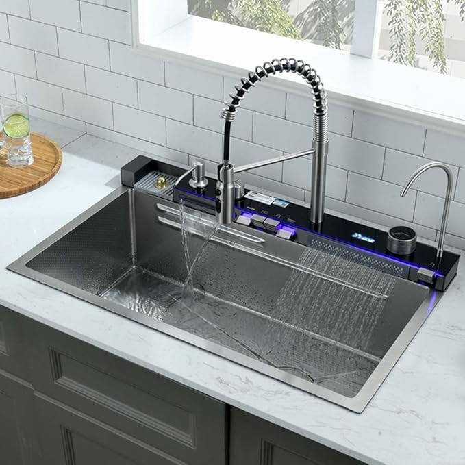 30 Inch Waterfall Smart Kitchen Sink -Wesliv 30x18 Waterfall Kitchen Sink Stainless Steel Digital Display Pull-Out Faucet 18 Guage Single Bowl Sinks with Cup Washer & Soap Dispenser