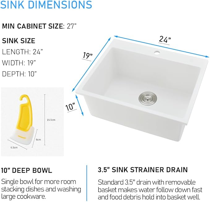 24 Drop in Kitchen Sink, 24x19 Inch Single Bowl White Granite Composite Quartz Topmount Outdoor Kitchen Sink RV Basin with Small Rubber Squeegee