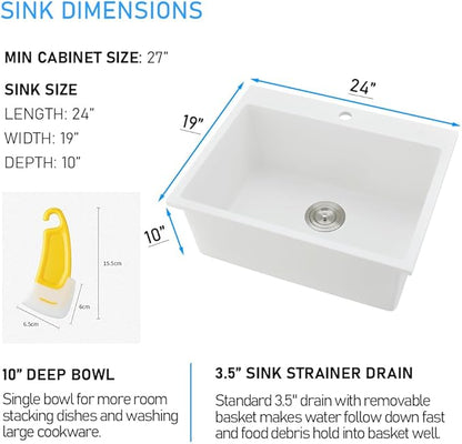 24 Drop in Kitchen Sink, 24x19 Inch Single Bowl White Granite Composite Quartz Topmount Outdoor Kitchen Sink RV Basin with Small Rubber Squeegee