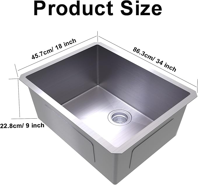 Kitchen Sink 34x18 Inch Undermount 304 Sink Stainless Steel 16 Gauge Single Bowl 9" Deep Handmade Kitchen Sinks Set with Accessories
