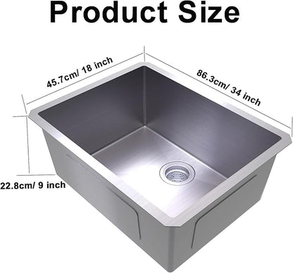 Kitchen Sink 34x18 Inch Undermount 304 Sink Stainless Steel 16 Gauge Single Bowl 9" Deep Handmade Kitchen Sinks Set with Accessories