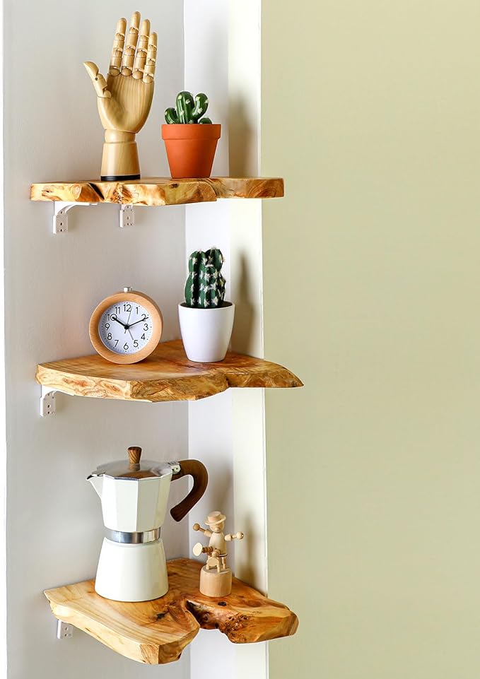 Pinkunn 3 Pcs Corner Floating Shelves for Wall Mounted Cedar Wood Wall Shelves Solid Wooden Hanging Decoration for Room Kitchen Living Room Bathroom Bedroom