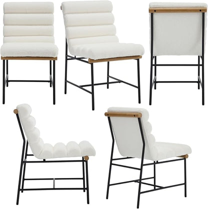 Modern Upholstered Dining Chairs Set of 4, White Sherpa Dining Room Chairs with Tufted Back & Cushion, Comfy Armless Boucle Kitchen Chairs with Black Metal Legs for Dinner Living Room