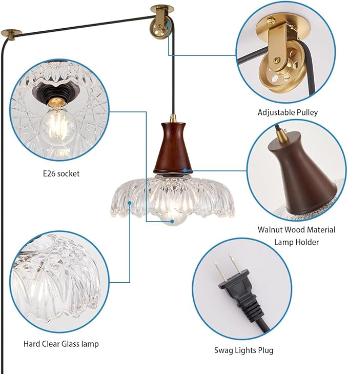 YLONG-ZS Plug in Pendant Light,8 Inch Glass Lampshade Hanging Lights with Plug in Cord Two Ways Switches Industrial Brass Pendant Lights with Plug in Cord for Bedroom