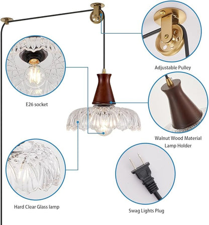 YLONG-ZS Plug in Pendant Light,8 Inch Glass Lampshade Hanging Lights with Plug in Cord Two Ways Switches Industrial Brass Pendant Lights with Plug in Cord for Bedroom