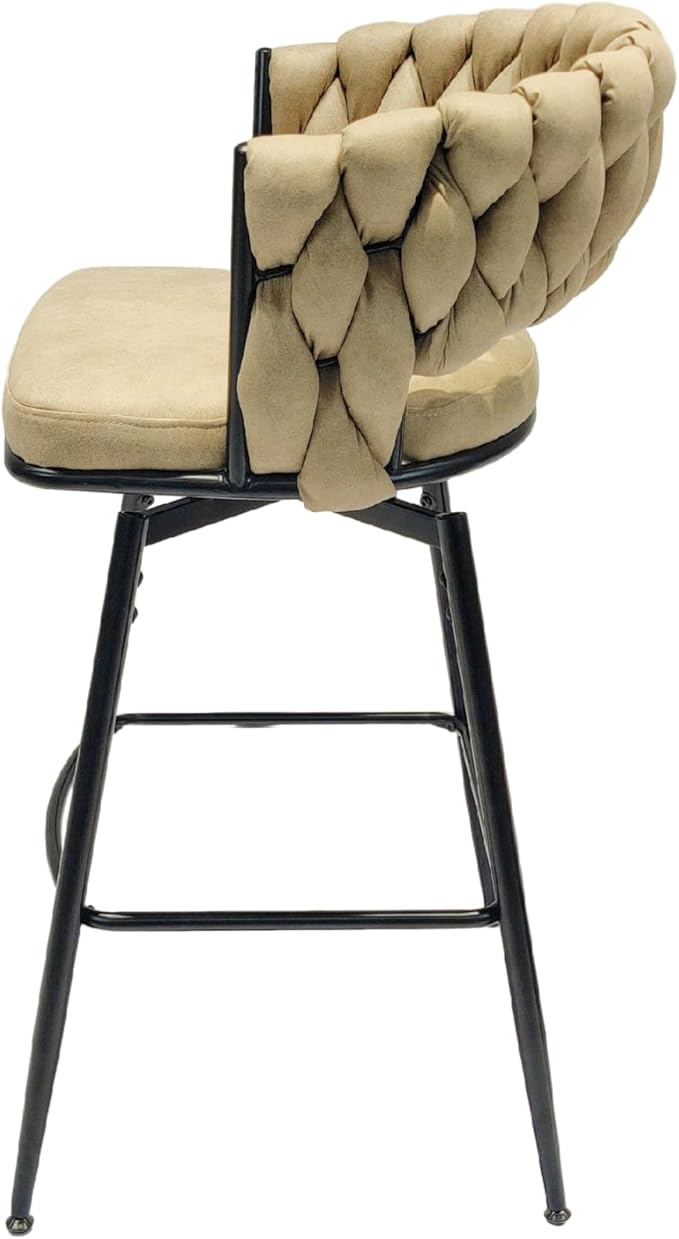 28" Technical Leather Woven Bar Stool Set of 2,Black Legs Bar stools No Adjustable Kitchen Island Chairs,360 Swivel Bar Stools Upholstered Counter Stool Arm Chairs with Back Footrest (Light Brown)
