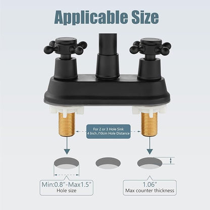Aolemi 4 Inch Centerset Bathroom Sink Faucet Vintage 2 Cross Handle RV Mixer Tap Basin Vanity Lavatory Utility for Sink 3 Hole Include Hoses Pop Up Drain Faucet Handle Without Label Matte Black